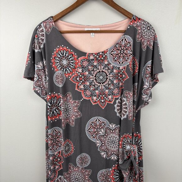 Robbie Bee Floral Medallion Wrap Dress Size 1X Gray Coral Pink Short Sleeve - Picture 4 of 11